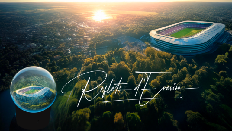 Boule à neige personnalisée représentant un stade moderne en miniature avec une vue aérienne panoramique au coucher du soleil - Reflets d'Évasion